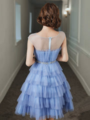 Blue Tulle Round Neckline Short Prom Dress, Cute Layered Blue Evening Party Dress