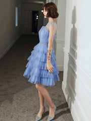 Blue Tulle Round Neckline Short Prom Dress, Cute Layered Blue Evening Party Dress