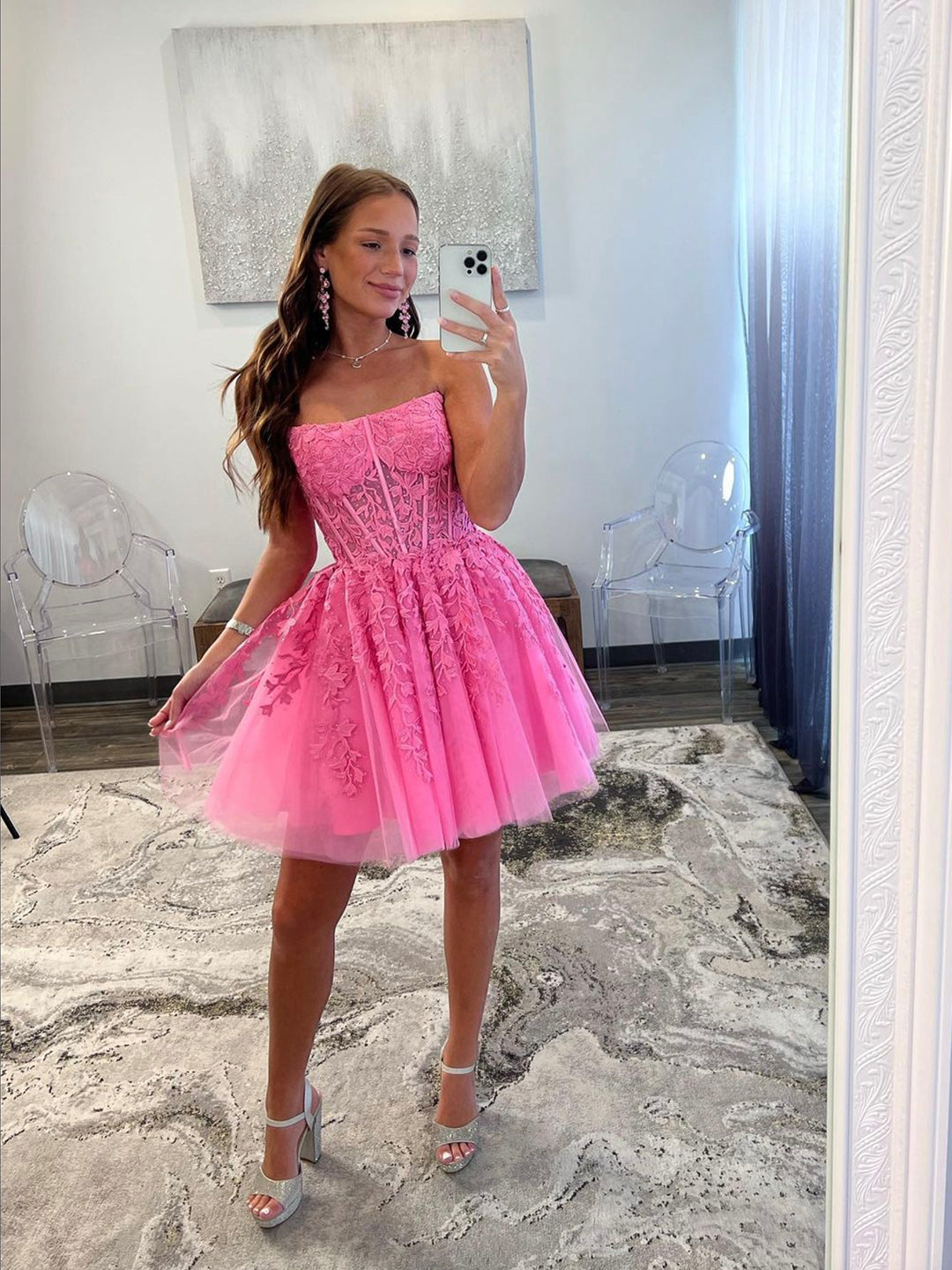 Pink Strapless Tulle Lace Knee Length Prom Dress, Cute A-Line Homecoming Party Dress