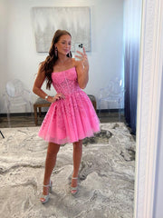 Pink Strapless Tulle Lace Knee Length Prom Dress, Cute A-Line Homecoming Party Dress