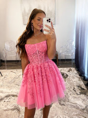 Pink Strapless Tulle Lace Knee Length Prom Dress, Cute A-Line Homecoming Party Dress