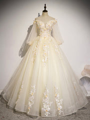 Champagne Tulle Lace Long Prom Dress, A-Line Off the Shoulder Long Sleeve Evening Dress