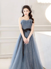 Gray Blue Tulle Long Prom Dress, Beautiful A-Line Strapless Evening Dress