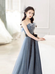 Gray Blue Tulle Long Prom Dress, Beautiful A-Line Strapless Evening Dress