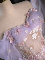 Purple A-Line Off the Shoulder Sequins Prom Dress, Lovely Tulle Corset Floor Length Evening Dress