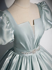 Beautiful Satin Floor Length Prom Dress, A-Line Short Sleeve Evening Party Dress