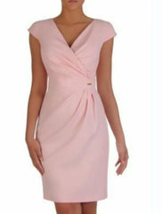 Sheath / Column Mother of the Bride Dress Wedding Guest Elegant V Neck Knee Length Stretch Fabric Short Sleeve with Ruched
