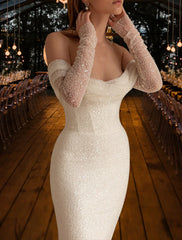 Wholesale Beach Simple Glitter & Sparkle Wedding Dresses Mermaid / Trumpet Off Shoulder Long Sleeve Court Train Sequined OverSkirts Bridal Gowns With Ruched Sequin