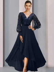 Aimishang  A-Line Mother of the Bride Dress Wedding Guest Sparkle & Shine High Low Jewel Neck Asymmetrical Tea Length Chiffon Lace Sequined Long Sleeve with Sequin Appliques Fall