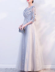 A-Line Evening Gown Elegant Dress Wedding Guest Formal Evening Floor Length 3/4 Length Sleeve Jewel Neck Tulle with Appliques