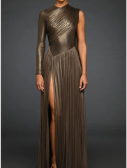 Sheath / Column Evening Gown High Split Dress Formal Fall Sweep / Brush Train Long Sleeve Jewel Neck Tulle with Pleats Slit 2025