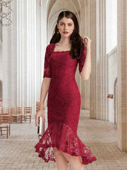 Mermaid / Trumpet Mother of the Bride Dress Vintage Elegant High Low Square Neck Asymmetrical Tea Length Lace Half Sleeve with Ruffles