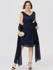 Aimishang A-Line Mother of the Bride Dress Classic & Timeless Plus Size Wrap Included V Neck Knee Length Chiffon Lace Sleeveless yes with Ruched Crystal Brooch