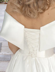 Wholesale Reception Wedding Dresses Simple Wedding Dresses Ball Gown Off Shoulder Cap Sleeve Tea Length Lace Bridal Gowns With Pleats Appliques Summer Wedding Party