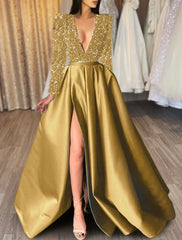 A-Line Evening Gown Red Green Dress Formal Black Dress Plus Size Wedding Court Train Half Sleeve V Neck Satin with Sequin Slit