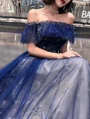 A-Line Prom Dresses Elegant Dress Wedding Guest Party Wear Floor Length Short Sleeve Off Shoulder Tulle with Embroidery Tiered