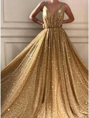A-Line Prom Dresses Elegant Dress Formal Court Train Formal Red Green Dress Sleeveless Spaghetti Strap Sequined with Glitter Pleats