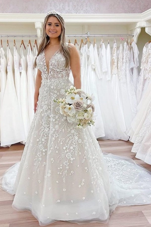 Luxury A-line Lace Wedding Dress with Open Back & Appliques