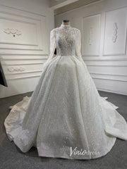 Luxury Beaded Ball Gown Wedding Dresses with Sleeves 67564