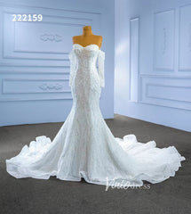 Luxury Beaded Mermaid Wedding Dresses Removable Long Sleeves 222159