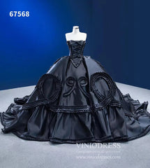 Luxury Black Wedding Dresses Strapless Ruffled Satin Ball Gowns 67568
