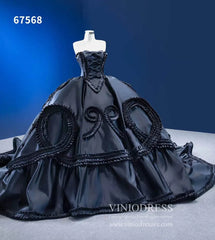 Luxury Black Wedding Dresses Strapless Ruffled Satin Ball Gowns 67568