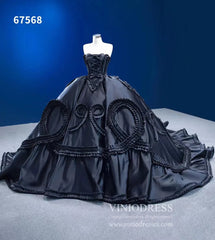 Luxury Black Wedding Dresses Strapless Ruffled Satin Ball Gowns 67568