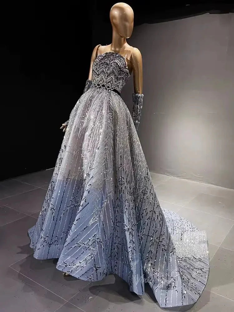 Luxury Blue Beaded Prom Dresses Elegant Wedding Dresses Removable Sleeves BD035