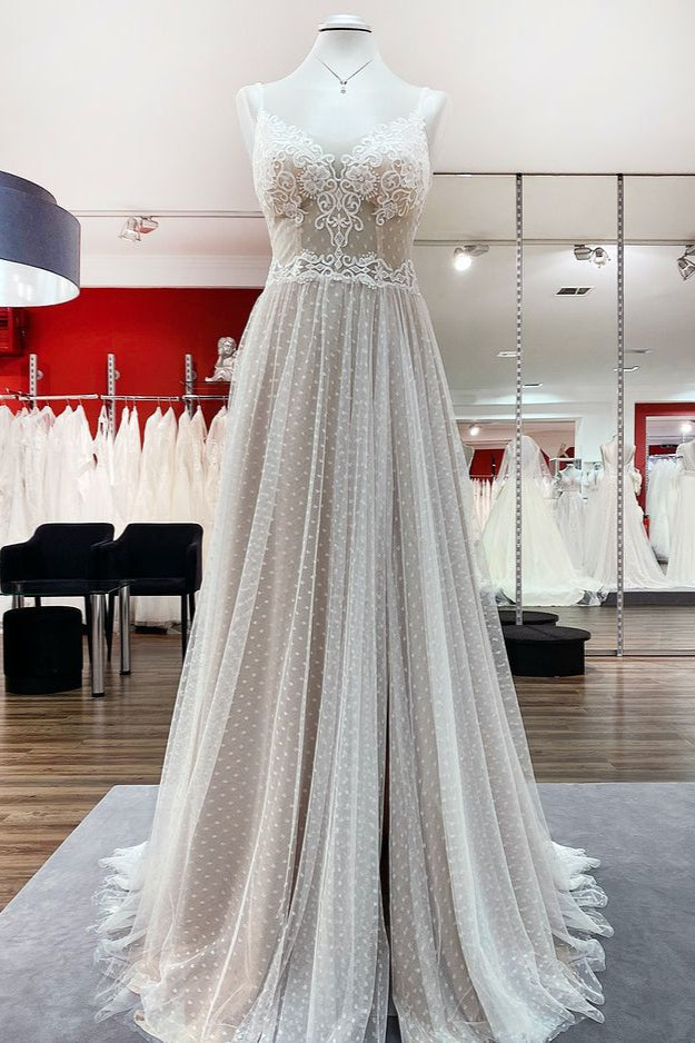 Luxe lange A-lijn V-hals tulle open rug kanten trouwjurk