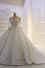 Luxe lange baljurk kanten appliques trouwjurk met mouwen