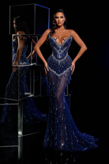 Luxury Long Sleeveless V Neck Mermaid Prom Dress with Sequins