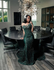 Sparkly One Shoulder Satin Evening Dress Emerald Green Mermaid Prom Dresses
