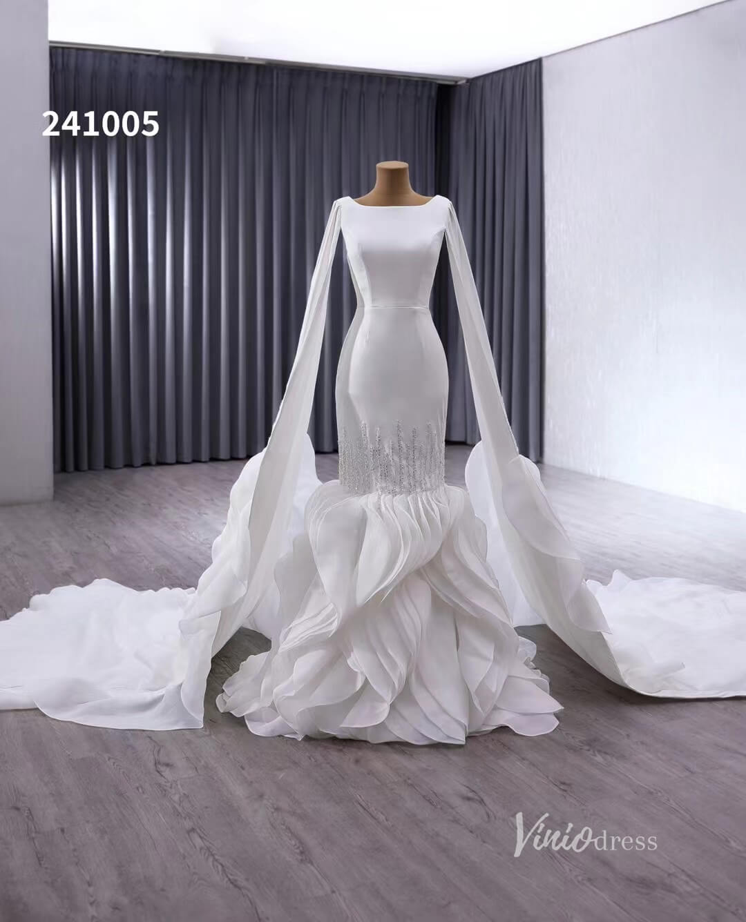 Luxury Ruffled Mermaid Wedding Dresses Extra Long Sleeve Bridal Gown Corset Back 241005