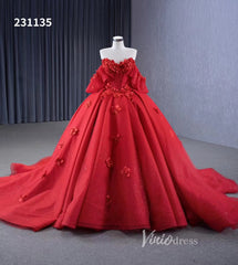 Luxury Sparkly Red Wedding Gowns 3D Flower Quince Dresses, Removable Sleeves 231135