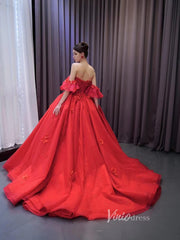 Luxury Sparkly Red Wedding Gowns 3D Flower Quince Dresses, Removable Sleeves 231135