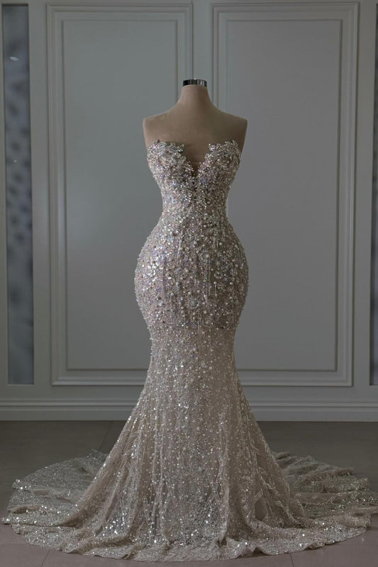 Luxury Sweetheart Glitter Beaded Mermaid Wedding Gown with Train