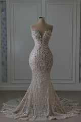Luxury Sweetheart Glitter Beaded Mermaid Wedding Gown with Train