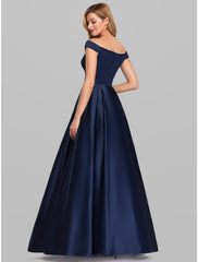 A-Line Evening Gown Party Dress Elegant & Luxurious Dress Wedding Guest Formal Evening Floor Length Sleeveless Plunging Neck Satin with Ruched