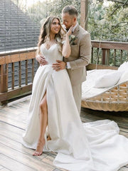 A-shaped/Princess  Woven Satin Off Shoulder Sleeveless Church Tail Wedding Dress
