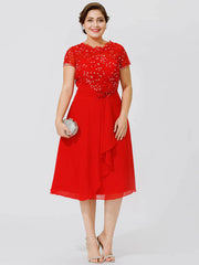 A-Line Mother of the Bride Dress Elegant & Luxurious Beautiful Back Plus Size Jewel Neck Knee Length Chiffon Beaded Lace Short Sleeve No with Pleats Beading Flower