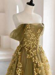A-line Tulle with Lace Off Shoulder Prom Dress, Long Tulle Evening Dress