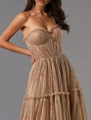 A-Line Evening Gown Glittering Dress Formal Wedding Guest Floor Length Sleeveless Strapless Tulle with Pleats 2025
