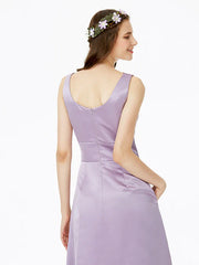 A-Line Bridesmaid Dress Notched Sleeveless Elegant Floor Length Satin with Pleats / Pocket