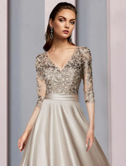 Aimishang  A-Line Mother of the Bride Dress Wedding Guest Elegant V Neck Tea Length Satin Lace Half Sleeve with Pleats Appliques