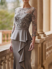 Mermaid/Small Mother of the bride dresses Wedding Guests Elegant Retro Party Illusion Neckline and Floor Length Lace Elastic Fabric 3/4 Long Sleeves Half Sleeve Belt/Ribbon Pleated Beads