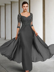 Aimishang Sheath / Column Mother of the Bride Dress Formal Wedding Guest Party Elegant Square Neck Floor Length Chiffon Lace 3/4 Length Sleeve with Sequin Appliques Ruching