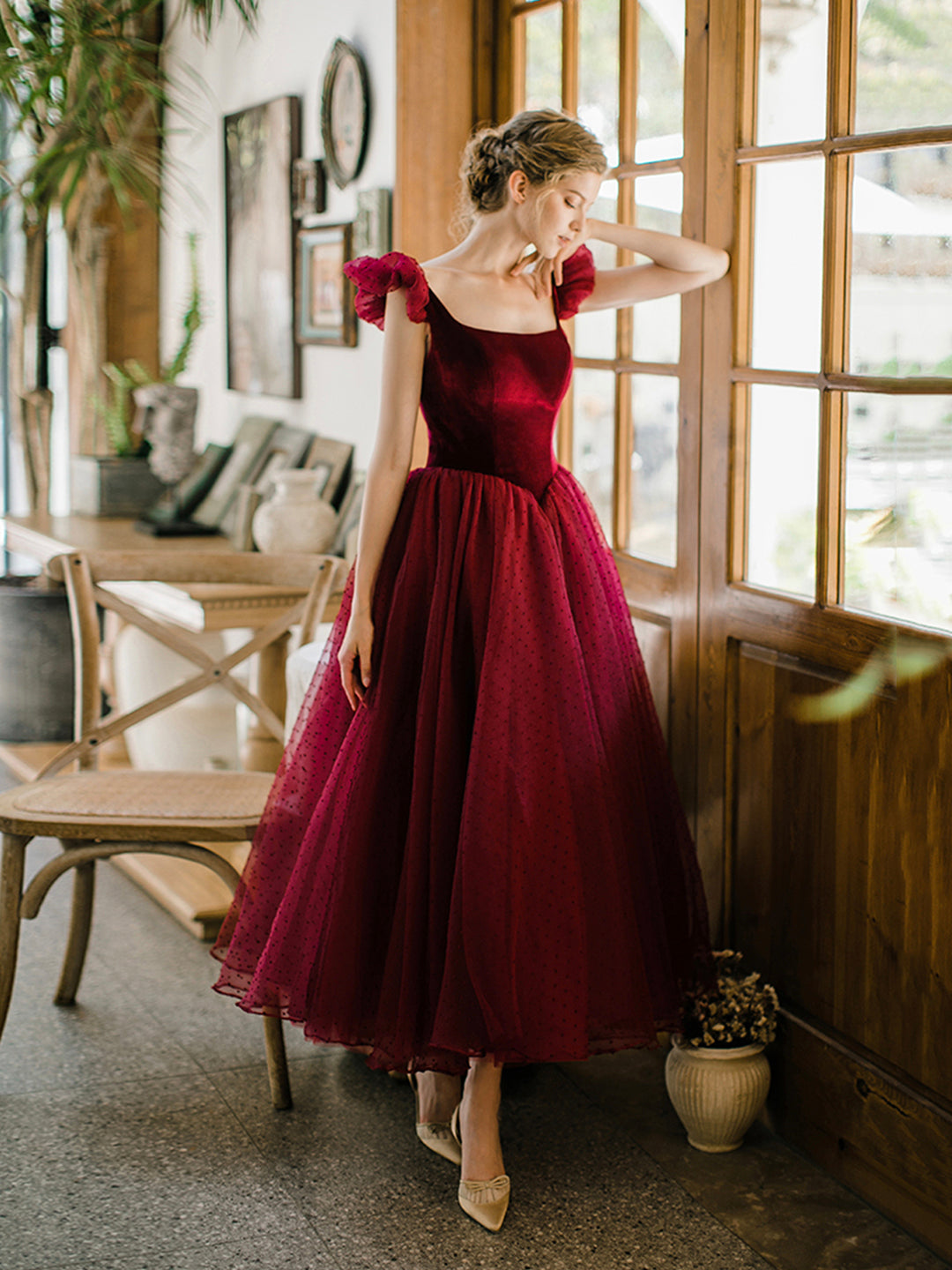Burgundy Velvet Tulle Tea Length Prom Dress, Cute A-Line Evening Party Dress