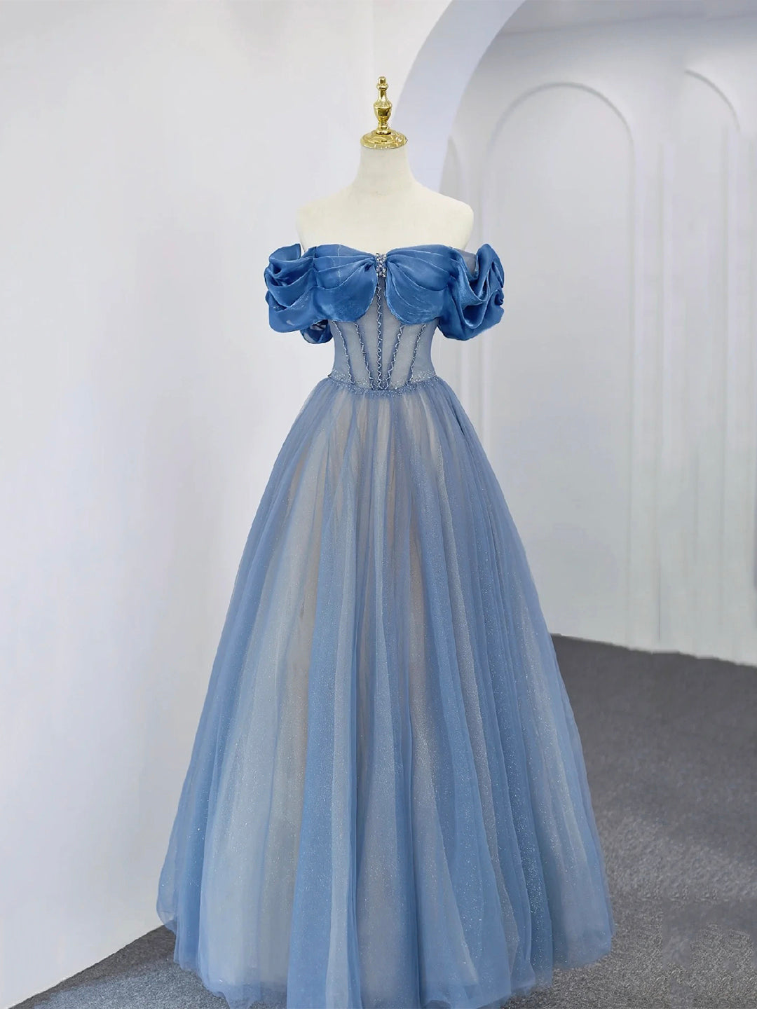 Blue Tulle Beaded Long Prom Dress, Off the Shoulder Evening Party Dress