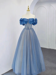 Blue Tulle Beaded Long Prom Dress, Off the Shoulder Evening Party Dress