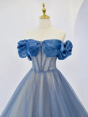 Blue Tulle Beaded Long Prom Dress, Off the Shoulder Evening Party Dress
